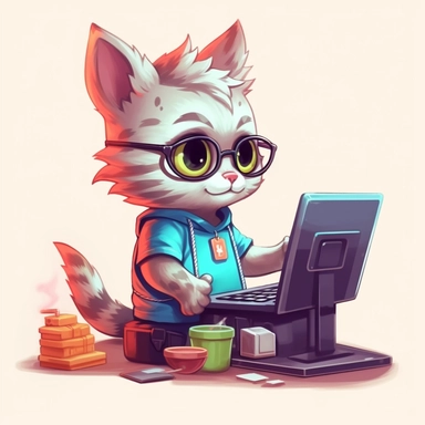 Character, shady super coder, kitten working as a cashier, cute, clipart, grocery store