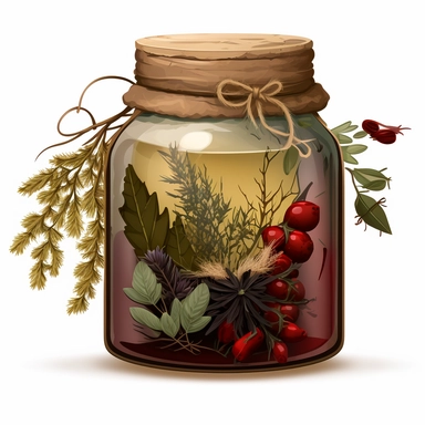 jar with a bay leaf, a piece of garnet, a sprig of thyme, some sage, a dandilion and a sprig of rosmary inside, with a cork lid and jute string wrapped around the neck of the jar and sealed with red and gold wax in the style of clipart