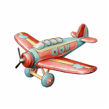 Vintage Hand painted pastel clipart of a toy airplane wall hanger in the style of vintage nursery kitsch Lefton, retro midcentury 1950’s, white background, contour