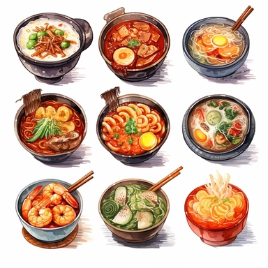 Kimchi, Korean fried chicken, Tokpokki, Ramyeon, Jajangmyeon, Kimbap, Bibimbab, Shabu Shabu, Sundubu jigae, Ginseng chicken soup, korean food, white background, clipart, Object, vector collection, 8k, watercolor