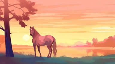 The clipart shows a horse in a delicate and romantic atmosphere. The horse is standing in a picturesque landscape illuminated by a warm, golden evening sun. The background is designed with soft hues like pastel pink, lavender or a soft sunset gradient. The horse itself has an elegant and graceful posture. It has its head slightly lowered as it gazes into the distance, as if filled with dreams and romance. The horse's eyes have a gentle and dreamy expression. The mane and tail are long and flowin