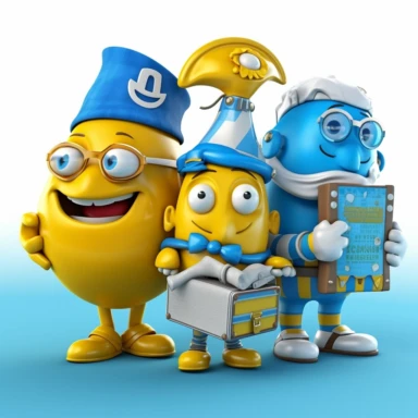 Explore Greece's three 3D anthropomorphic characters, wearing bright blue, white and yellow technology clothing, respectively, on behalf of taxation, called tax treasure, law called legal treasure and financial treasure, with cute smiles, holding creative props, treasure holding a computer, legal treasure holding a folder, treasure holding a calculator, the background is characteristic of the offices of Internet companies, such as cityscapes, digital, Watercolor Clipart, strybk, full Illustratio