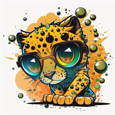 cute leopard illustration with googly eyes, in the style of a childrens book illustration, graffiti, clipart, clear visible black edges, white background, harmonic colorful