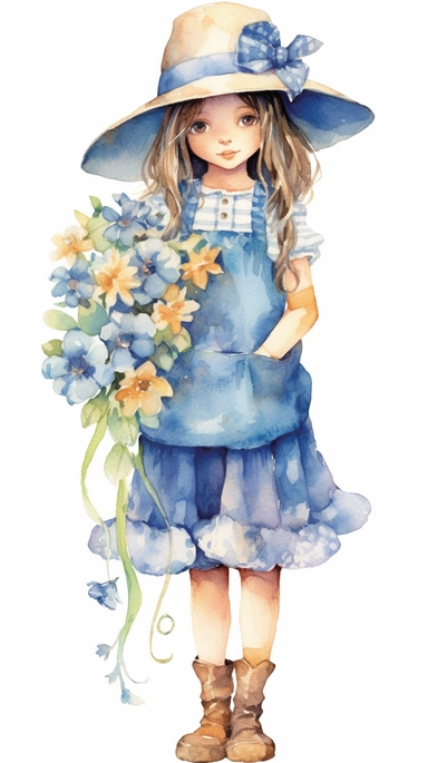 watercolor patchwork farm girl wearing a dress and holding bluebonnets illustration clipart by holly hobbie