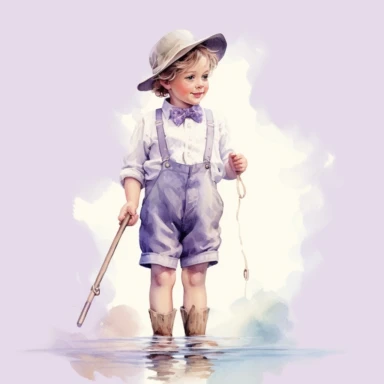 adorable little vintage boy fishing, cloud blue and pastel purple and , face looking straight, full body, oil clipart style, accurate details, oil painting technique, super high quality, professional watercolor clipart, high resolution, 8k