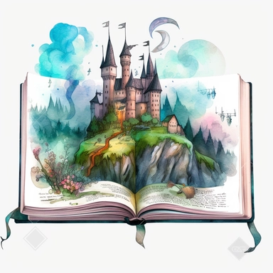 a big opened Fantasy Book Laying there with a heroic mystically themed scenery immerging out of the pages. The Scenery is featuring the neuschwahnstein castle, in a magical wizzard and witch world. It is drawn in a mesmerizing clear lined simple watercolor illustration style by Tugce Audoire using bold and saturated colors. It is a png clipart on a white background, it should be easy to cutout and remove the background from, so only use saturated colors around the edges of the clipart. The compo