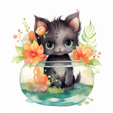 A heartwarming watercolor clipart illustration featuring a little bohemian black baby kitten with its hand playfully immersed in a fishbowl with a fish and a happy and adorable expression. The kitten is adorned with summer bohemian flowers, radiating with joy and playfulness. The white background provides a clean and versatile backdrop, making it easy to incorporate this clip art into various designs. The chibi clip art style adds a touch of cuteness and whimsy to the baby kitten, making it perf