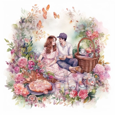 watercolor, hyper realistic, white background, white margins, 16k, ultra detailed clipart, cut out image, hand-drawn, whimsical a couple sharing a romantic picnic in a lush garden, surrounded by blooming flowers and a wicker basket filled with treats. soft shades of pink, purple, and green