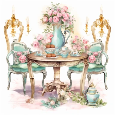 Make a clipart of a fairytale watercolor french country kitchen table, rococo, with bright pastel colors of turquoise and green, pink roses, gold accents, black outlines, hd, white background