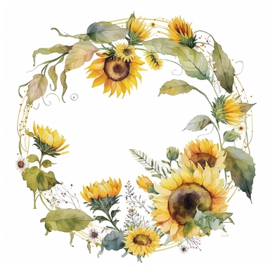 watercolor wild sunflower clipart, connected in a circle, holiday, summer, no caption, white background, cheerful, happy, cute