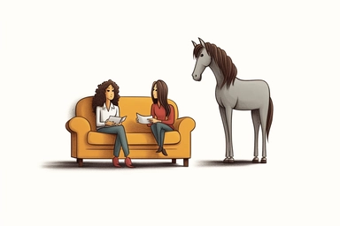 minimalist cartoon of a horse and a middle-aged female human sitting on a couch, with a female human therapist holding a clipboard and pen in her hands sitting on a chair. Cartoon caricature art. photoillustration