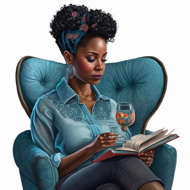 Beautiful African American woman, sitting in chair reading a book, black braid updo hairstyle, hyper realistic, intricate detail, wearing cyan blouse and denim jeans, sipping a glass of red moscato, clipart
