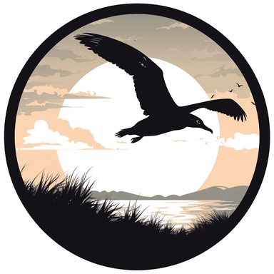 Title: Graceful Flight of the Laysan Albatross Description: This clipart-style image captures the elegance and beauty of the endangered Laysan Albatross. The silhouette of the bird is featured in a circular frame without any borders, giving it a clean and modern look. The image is rendered in black against a white background, making it versatile and easy to use in various designs. The Laysan Albatross is shown in mid-flight, with its wings spread wide as it soars through the sky. The simple yet 