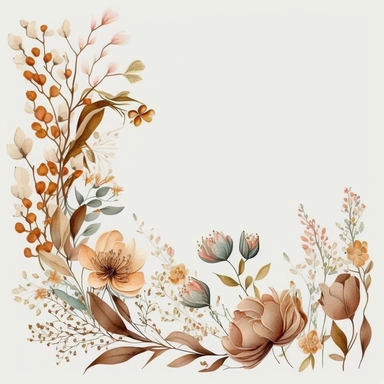 watercolor spring flower border, clipart isolated on clear white background, brown, peach, and cream, boho, lithograph, 32k uhd, textural