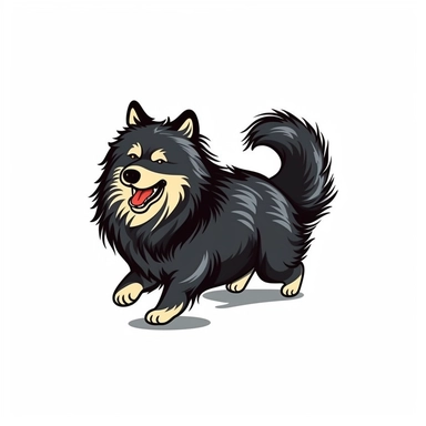 Illustrate a jovial image of a cartoon Finnish Lapphund with a full, thick beard, wagging its tail enthusiastically. The design should be a black vector clipart, sharp and minimalistic, contrasting against a clean, white background.