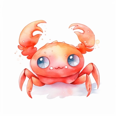 watercolor adorable kawaii crab character kawaii, isolated, kawaii,digital art,detailed, concept,art,8k,hd,on white background,clipart