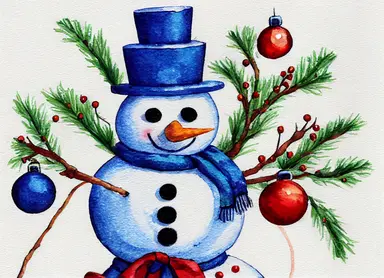 happy snowman,Christmas tree, snowflake ,clipart, watercolor painting