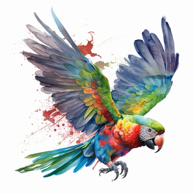 watercolour flying tropical beautiful magnificent vibrant parrot beautifully detailed perfect facial features png image,high resolution,300dpi,graphic clipart,computer graphics