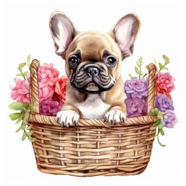watercolour beautiful neutral floral cute realistic French bulldog puppy in wooden wicker basket with roses dahlias peonies beautifully detailed cute face perfect facial features and ears four perfect legs and paws beautiful cute realistic French bulldog puppy, png clipart, 300dpi, graphic clipart,computer graphics,high resolution print graphics