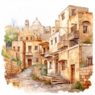 watercolor mardin town in turkiye, illustrations clipart set, simple, , cartoon elements ,different variants , historic stone houses,historic buildings, cobblestone lanes, tone facades of the buildings, Mardin's stone Alleyways separate elements with a margin