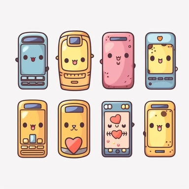 Unleash your creativity with a Kawaii style clipart set of cellphones with smiling faces and holding hearts. Kawaii.