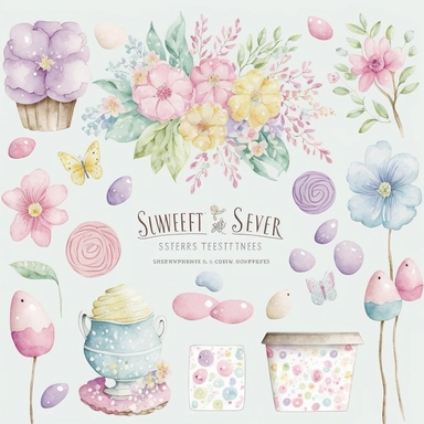 Spring Fever Watercolor Collection: This clipart set features a variety of springtime illustrations, rendered in a soft and feminine watercolor style. The set includes images of flowers in bloom and candies The colors are light and pastel, with a focus on pinks, blues, and purples. These clipart illustrations would be perfect for adding a touch of springtime beauty to any project, whether it's a blog post, a social media campaign, or a printable design