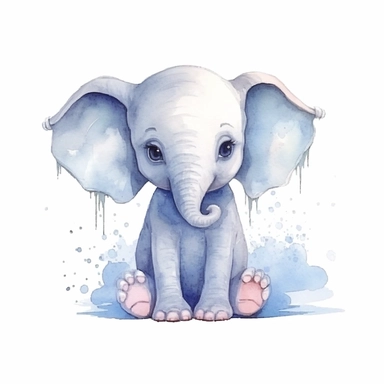 Cute baby elephant character, watercolor style, vector, clipart, on a solid white background, completely isolated, full shot, centered