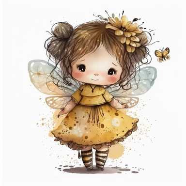 A cute little fairy in bumblebee dress, isolated subject, folklore artstyle, watercolor clipart, whitebackground