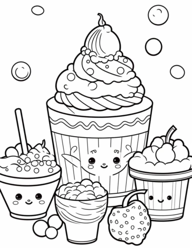 Kawaii Ice Cream with delightful designs and flavors, like blueberry, chocolate chip, and banana For Simple Coloring page,line art, thick lines, black and white,clipart, illustration, on white background,margin Page 10px