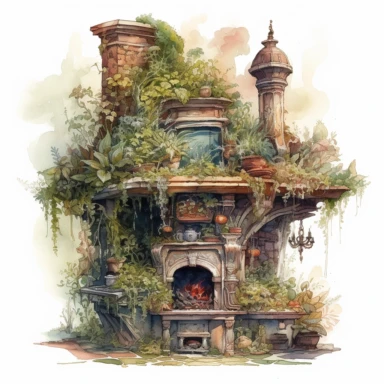 isolated on white illustration watercolor art of a kitchen fireplace inside the witch house, overgrown with fern and flowers, a lot of moss and branches, masterpiece by Josephine Wall style and by Alexander Jansson style and by Ivan Fedorovich Choultse st