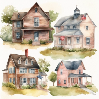 american Country HousesWatercolor clipart Pack