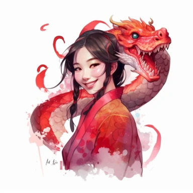 watercolor Disney Mulan with Mushu on her shoulder, grinning mischievously, small red chinese dragon, clipart, white background, by Kawacy