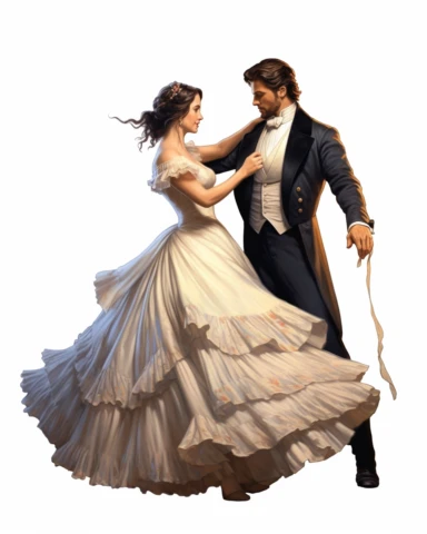 detailed beautiful lady , dressed in a victorian vintage dress , dancing with a man, hyper realistic, 8k, isolated on white backgorund, clipart