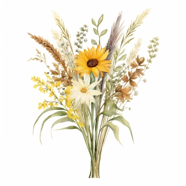 Design a dreamy watercolor clipart of a Bouquet of tall grasses, sunflowers, and wildflowers in earthy tones arranged in a natural and rustic design composition, hand-painted with soft and graceful brushstrokes. Draw inspiration from the artistic finesse of Ethereal Petals Watercolors for a refined and ethereal depiction. isolated on a white background, hand-drawn illustration, hand-painted watercolor texture, 16k UHD resolution, intricately detailed, sharp focal points, designed by Ana Victoria