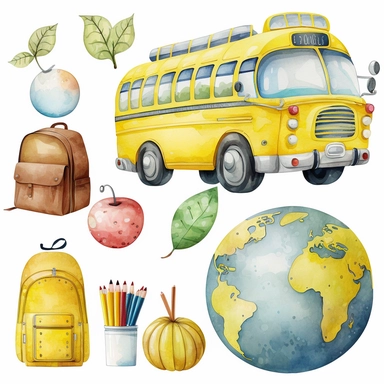 watercolor clipart set, school - bus, bag, big pencil, globe, cute, only white background