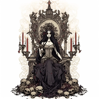 A dark and mysterious digital clipart illustration of a vampire queen sitting on a throne made of bones, wearing a black lace dress, surrounded by candles and skulls, with an intimidating expression on her face, Illustration, digital art, on white background