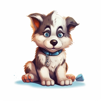 Alaskan Malamute, cartoon clipart, wathercolor of art adorably puppy on white background, simple and Adorable little puppy sitting on the ground with a bone in its mouth, big eyes and a friendly expression, cleaning