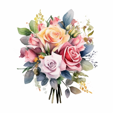 watercolor painted bouquet of mixed colored roses clipart, Flower Border clipart, Minimalist Flower Bouquet clipart, mixed colored roses Clipart roses painting formal glamour elegant style wedding floral bouquet, wedding clipart include babys breath flowers in the bouquet 4