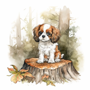 create a beautiful detailed and original watercolor clipart image of a very small happy and adorable king charles cavalier puppy in a beautiful redwood forest during fall by sitting next to a large tipped over tree trunk, include fall colors, include detail to grass and fall leaves being crushed under the tree trunk, white background, no text, no font, no words