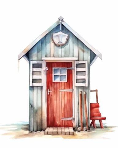 watercolor clipart beach hut, hyper realistic, 8k, isolated on white background