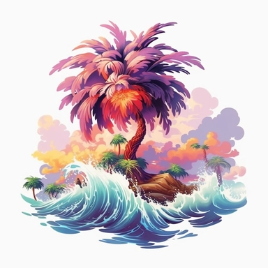 artwork majestic palm tree in digital painting style , beautiful flowers, sunrise mountains and clouds , big sea waves, water splashes, white background, colorful fantasy flower sorround, highly detailed clean, vector image, photorealistic masterpiece, professional photography, realistic, flat white background, isometric, vibrant vector, clipart, illustration, realism, 4k, , cinematic, front view, white background,