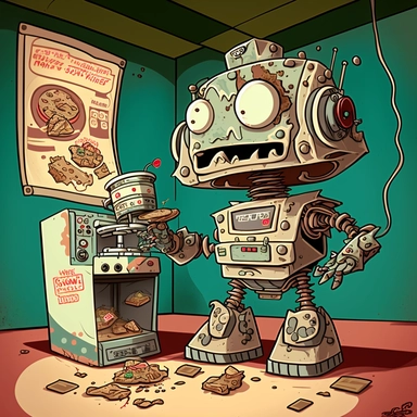 garbage pale kids format, pop surrealism digital art image of broken down, old, rusting, cartoonish, humanoid robot making biscuits in the kitchen of a fast food restaurant. The robot is wearing tattered, McDonalds style uniform, made of clothing for humans. The robot is in an art style inspired by artists like Tara McPhereson, Nooligan, and Robin Eisenberg. To be used for digital clipart. Use dull, 1970's style, yellow, green, brown color scheme for the robot.