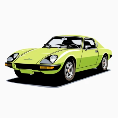 A stylized clipart representation of the 1975 Saab Sonett III in a 3/4 front view. The car's unique design is emphasized with sleek, curved lines and minimal detailing. The lime green color of the vehicle creates a vibrant and eye-catching presence against the pure white background. The angular headlights and distinctive grille are simplified into geometric shapes, while the body of the car is depicted with smooth curves. The wheels are represented as circular forms, and the overall composition 