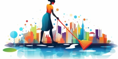 a maid with a mop, cleaning up colorful location data spilled on the floor, location icons are everywhere, clipart, vector graphic, very low detail, in the style of minimalist illustrator, white background