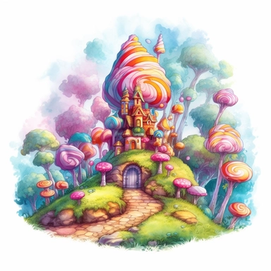 Fairytale style beautifull candy forest in the candyland with watercolor effect,candyland scene,candies,fantasy style,realistic features,vibrant colors,suitable for digital clipart,white background