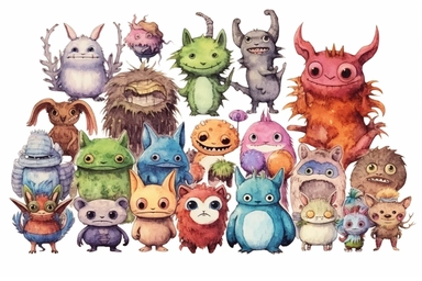 character sheet clipart on white background horror cute cartoon style,,,,,watercolor illustration by Hayao Miyazaki and Ghibli,