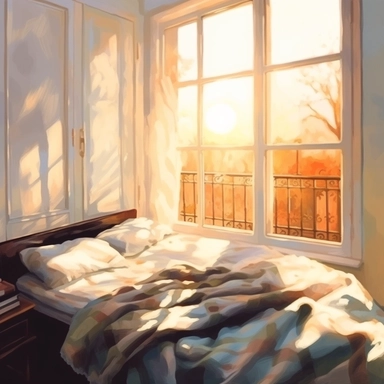 The morning sunlight shines into the window, and there is a bed in the room with oil paintings, White background, Clip Art Style