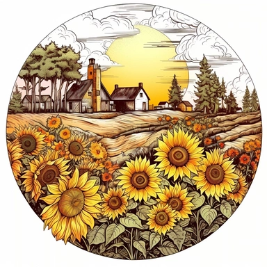 beautiful whimsical hand drawn illustration with ink outlines country field of sunflowers and barn, closeup, in the style of Natural Life and Anthropology, epic composition, pen and ink drawing, clipart, bright summer color palette, borders, oval composition on white background