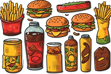 Fast Food Doodle. Icons Hand Drawn. Vector Clip Art. Sketch Famous Food. Restaurant Menu.