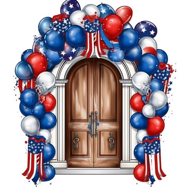 4th of July Patriotic Clip art of patriotic door, png Full body realistic cartoon in 32K UHD cute, 15 cm thick outline. Black color, 8k with realistic watercolors and detailed illustrations. PNG clipart, transparent white background
